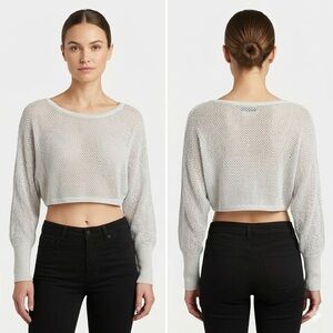 BCBGMaxAzria Light Gray Open-Knit Cropped Sweater